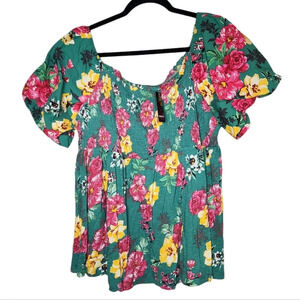 NWT Torrid Babydoll Smocked Puff Sleeve Green Pink Floral Top Shirt Blouse 2X